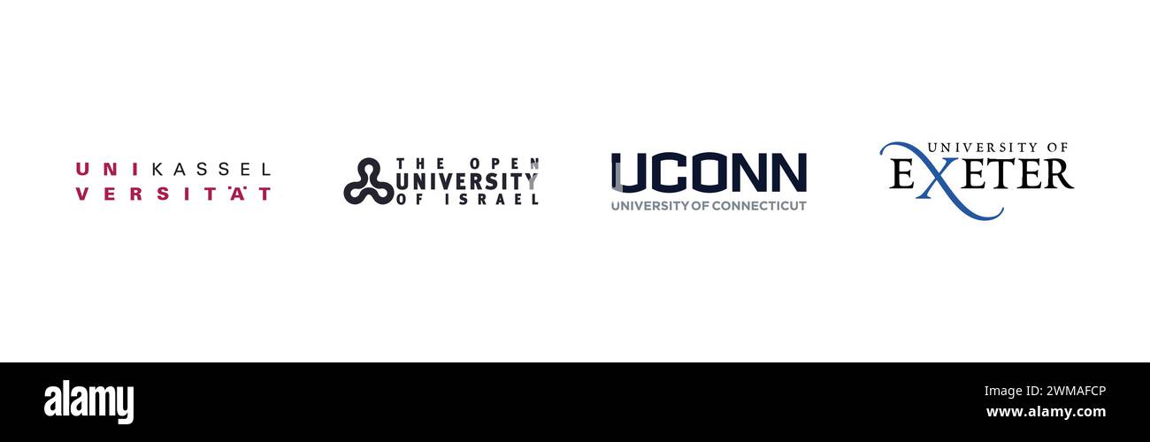 University of Exeter, Open University of Israel, Uni Kassel, University of Connecticut,Popular brand logo collection. Stock Vector