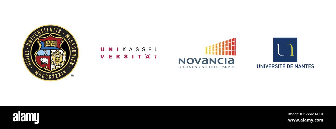 Uni Kassel, Novancia Business, University of Missouri Seal, University of Nantes,Popular brand logo collection. Stock Vector