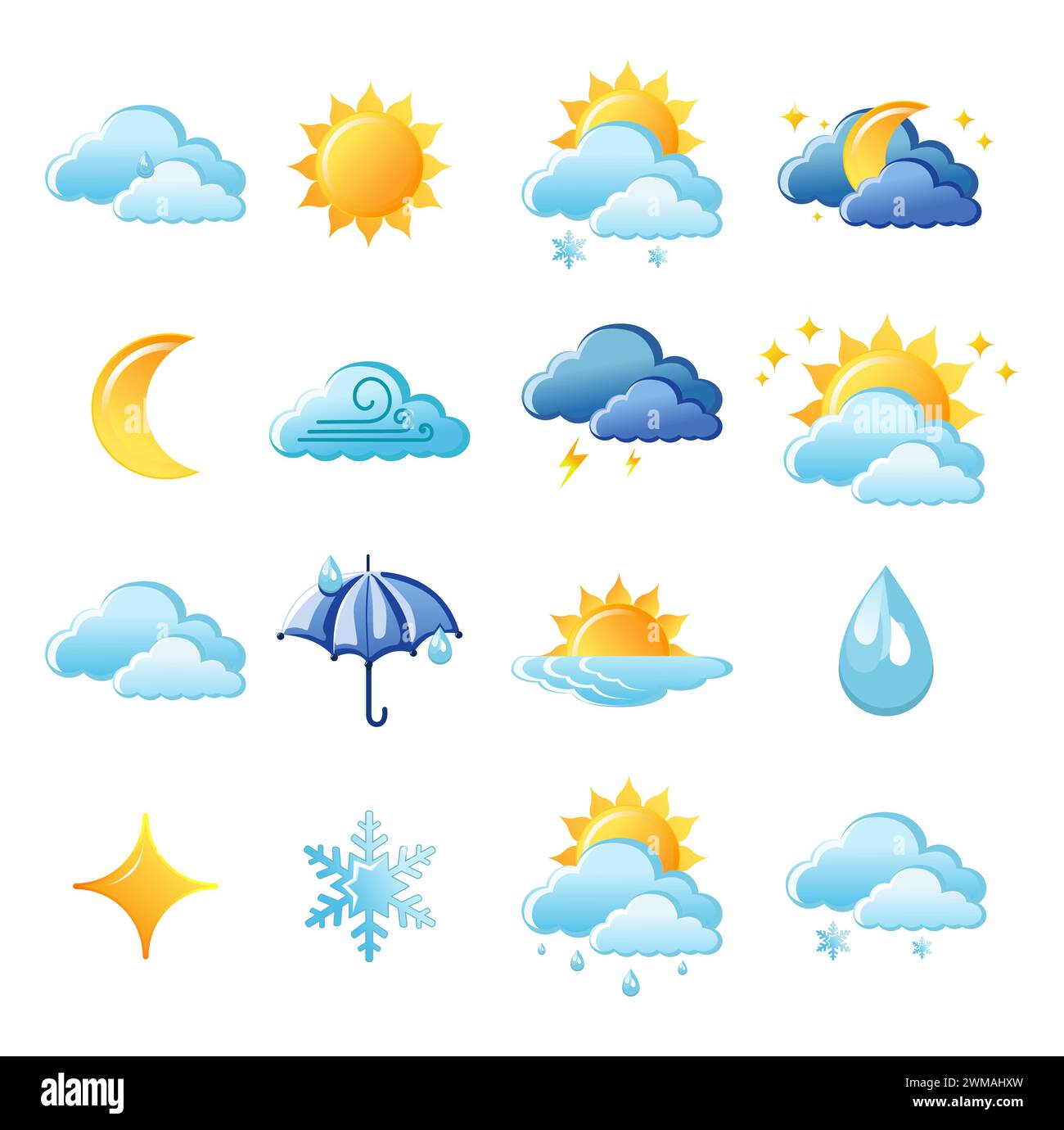 Cute vector set of isolated weather app icon with cloud, sun, snow, rain, lightning, moon and star. Interface elements in flat design. Minimal cartoon Stock Vector