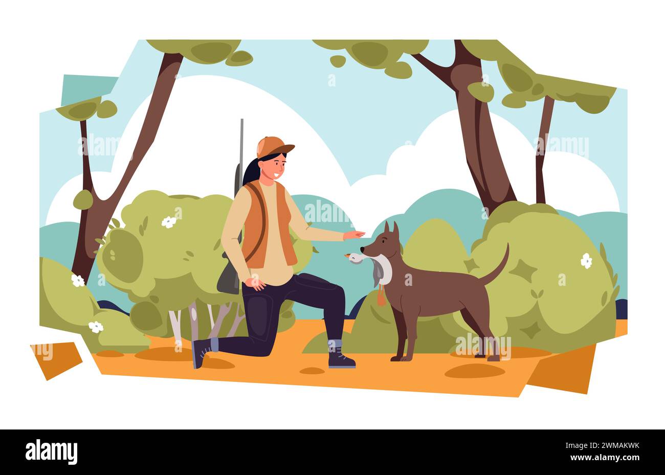 Hunter character. Cartoon female with hunting dog Stock Vector