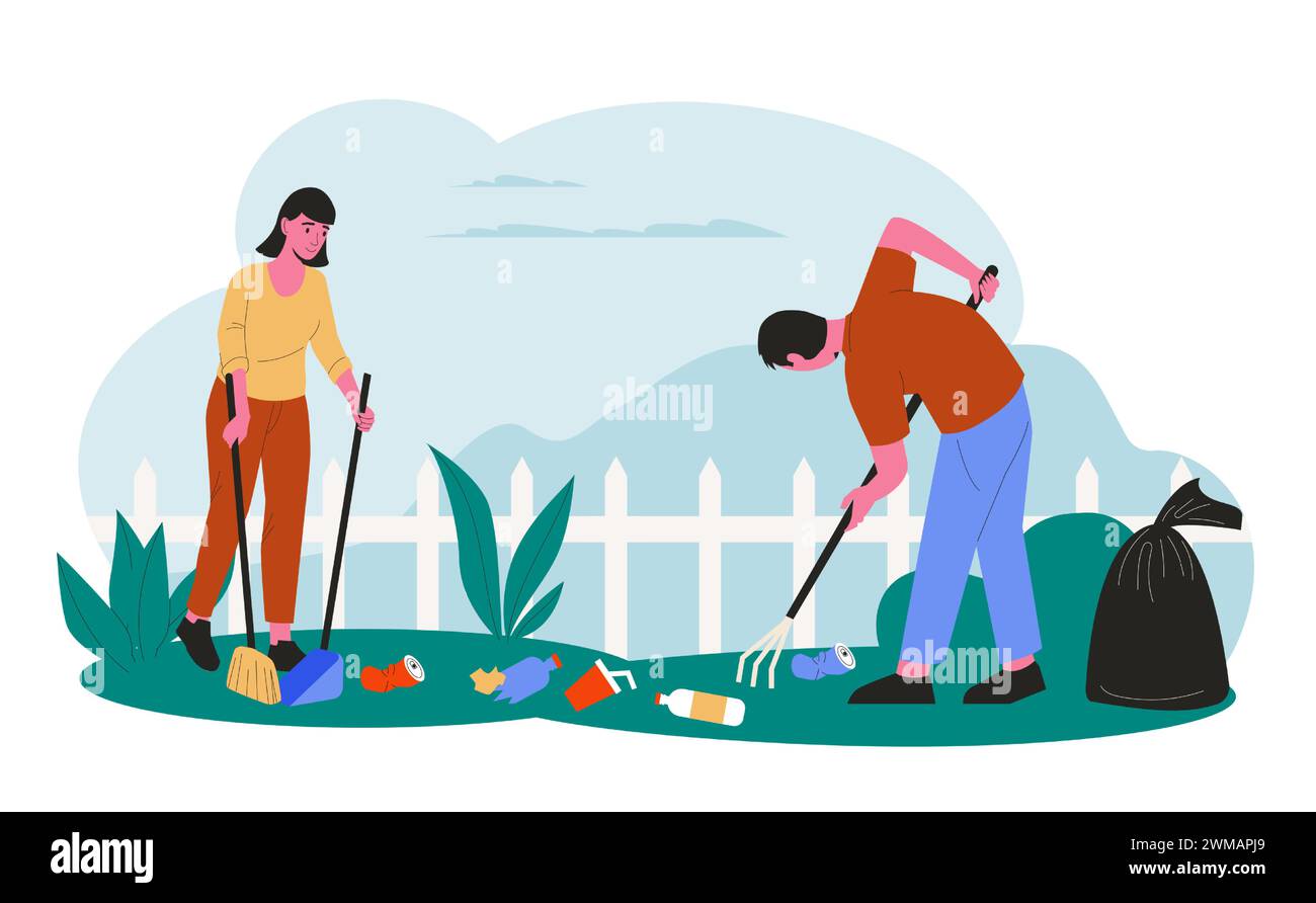 People collecting garbage and trash around environment Stock Vector