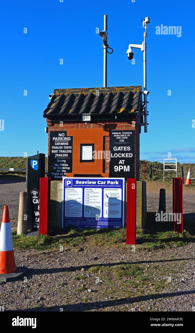 Kiosk and pay instructions at the entrance to the Seaview Car Park on the North Norfolk coast at