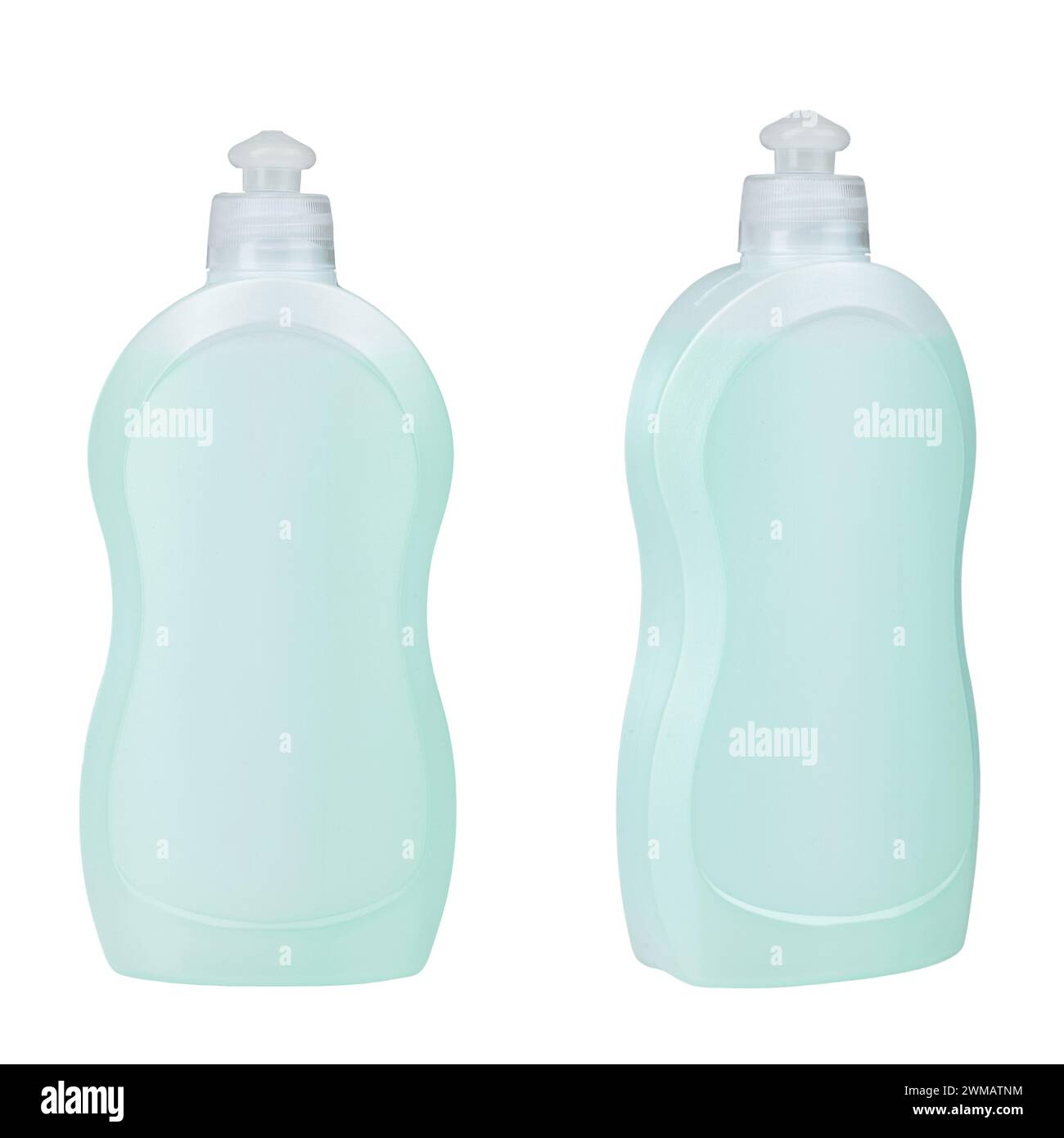 Two plastic bottles with detergent. Untitled. Isolated on white background. File contains clipping path Stock Photo