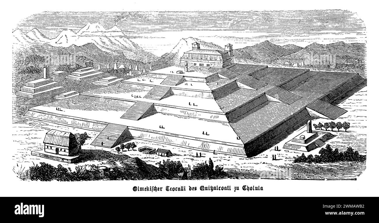 The Great Pyramid of Cholula, also known as Tlachihualtepetl (meaning 'artificial mountain'), is a massive pre-Columbian archaeological site located in Cholula, Puebla, Mexico. It is considered the largest pyramid in the world by volume. Artist reconstructions of the pyramid depict it as it might have appeared in its prime, with a vast, tiered structure adorned with colorful murals and topped by a temple. These reconstructions are based on archaeological findings, historical records, and comparisons with contemporary Mesoamerican pyramids Stock Photo