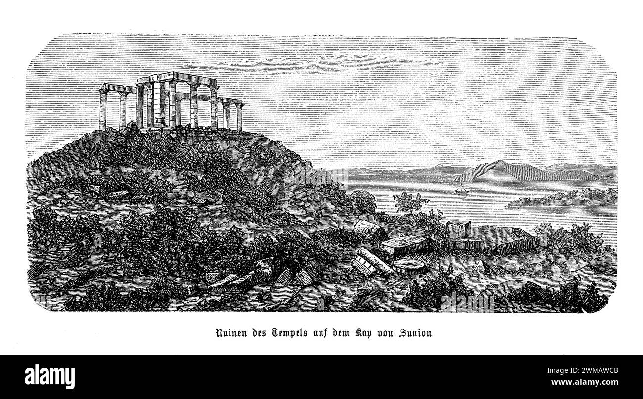 Cape Sounion, located at the southern tip of the Attica peninsula in Greece, offers a breathtaking view of the Aegean Sea and is home to the majestic ruins of the Temple of Poseidon. This ancient Greek temple, dedicated to the god of the sea, was constructed in the 5th century BCE and is one of the most significant monuments of the Golden Age of Athens. Perched atop a rugged cliff, the temple's remaining Doric columns stand as a testament to the architectural elegance and spiritual significance of ancient Greek civilization Stock Photo