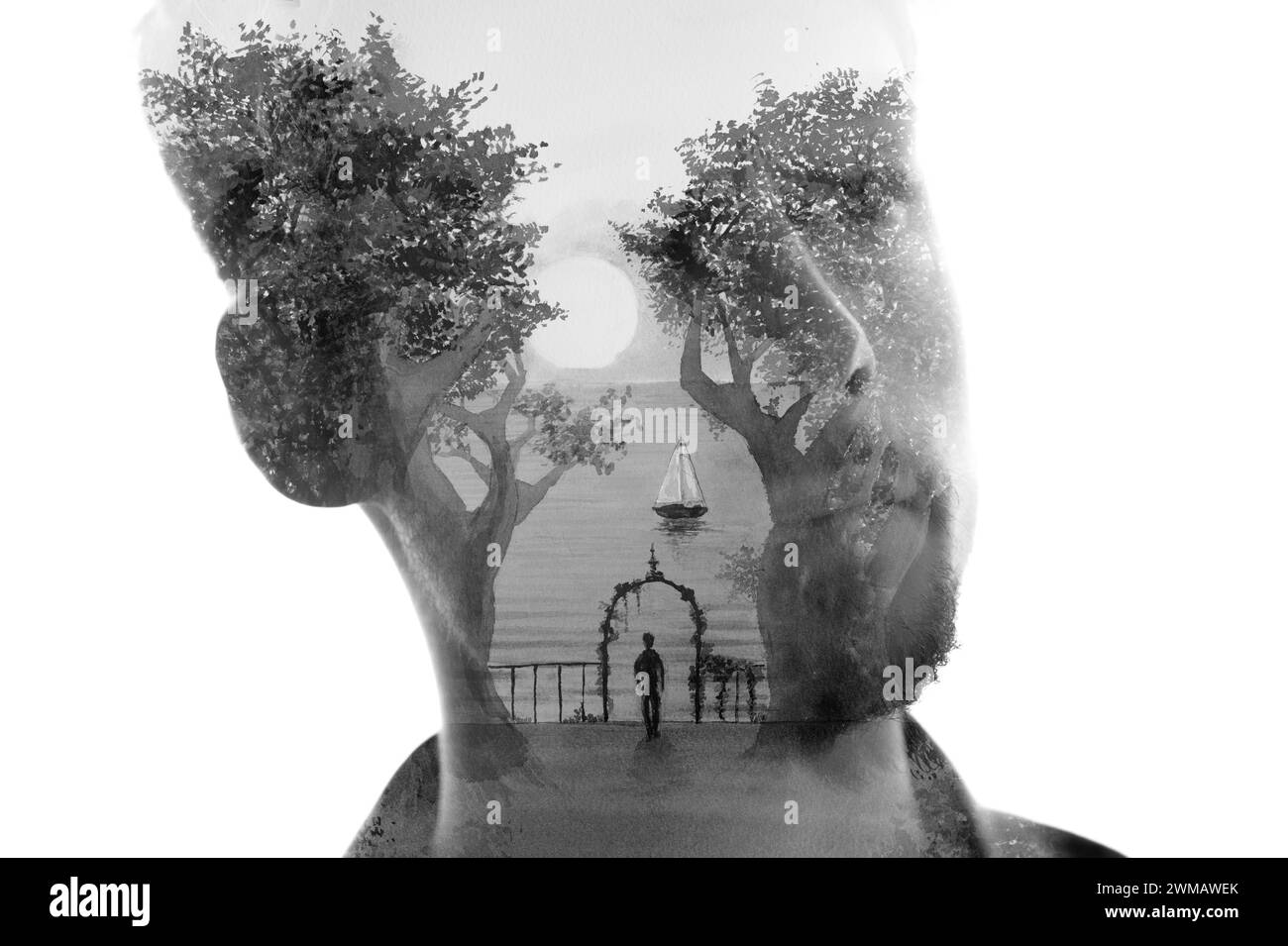 An artistic paintography portrait of a young man in double exposure technique Stock Photo
