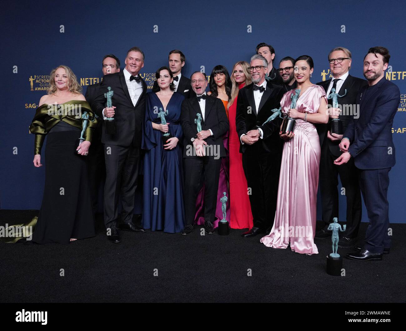 Los Angeles, USA. 24th Feb, 2024. Matthew Macfadyen, Alexander Skarsgård, Kieran Culkin, Nicholas Braun, J. Smith-Cameron, Scott Nicholson, Zoe Winters, Dagmara Dominczyk, Arian Moayed, Fisher Stevens, Alan Ruck, Juliana Canfield, David Rasche and Justine Lupe, Outstanding Performance by an Ensemble in a Drama Series the cast of 'Succession' pose in the press room held at The Shrine Auditorium and Expo Hall in Los Angeles, CA on Saturday, ?February 24, 2024. (Photo By Sthanlee B. Mirador/Sipa USA) Credit: Sipa USA/Alamy Live News Stock Photo
