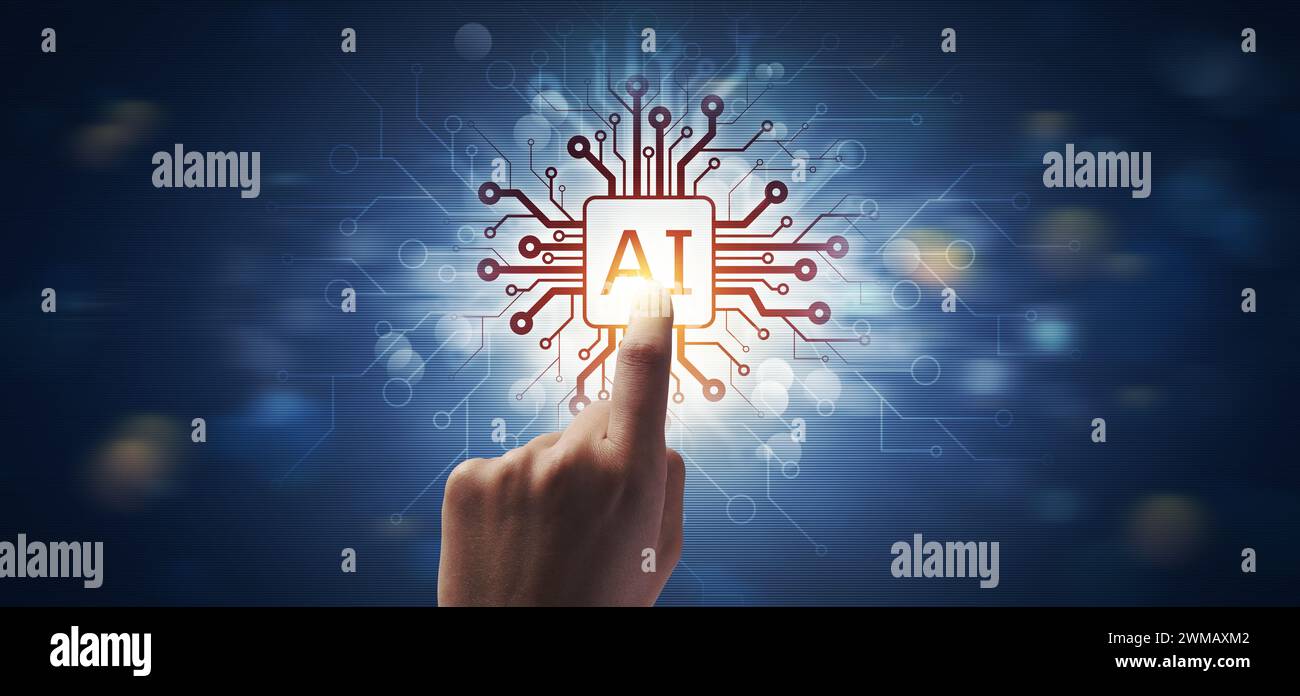Human hand touching an AI chip, Artificial Intelligence background Stock Photo