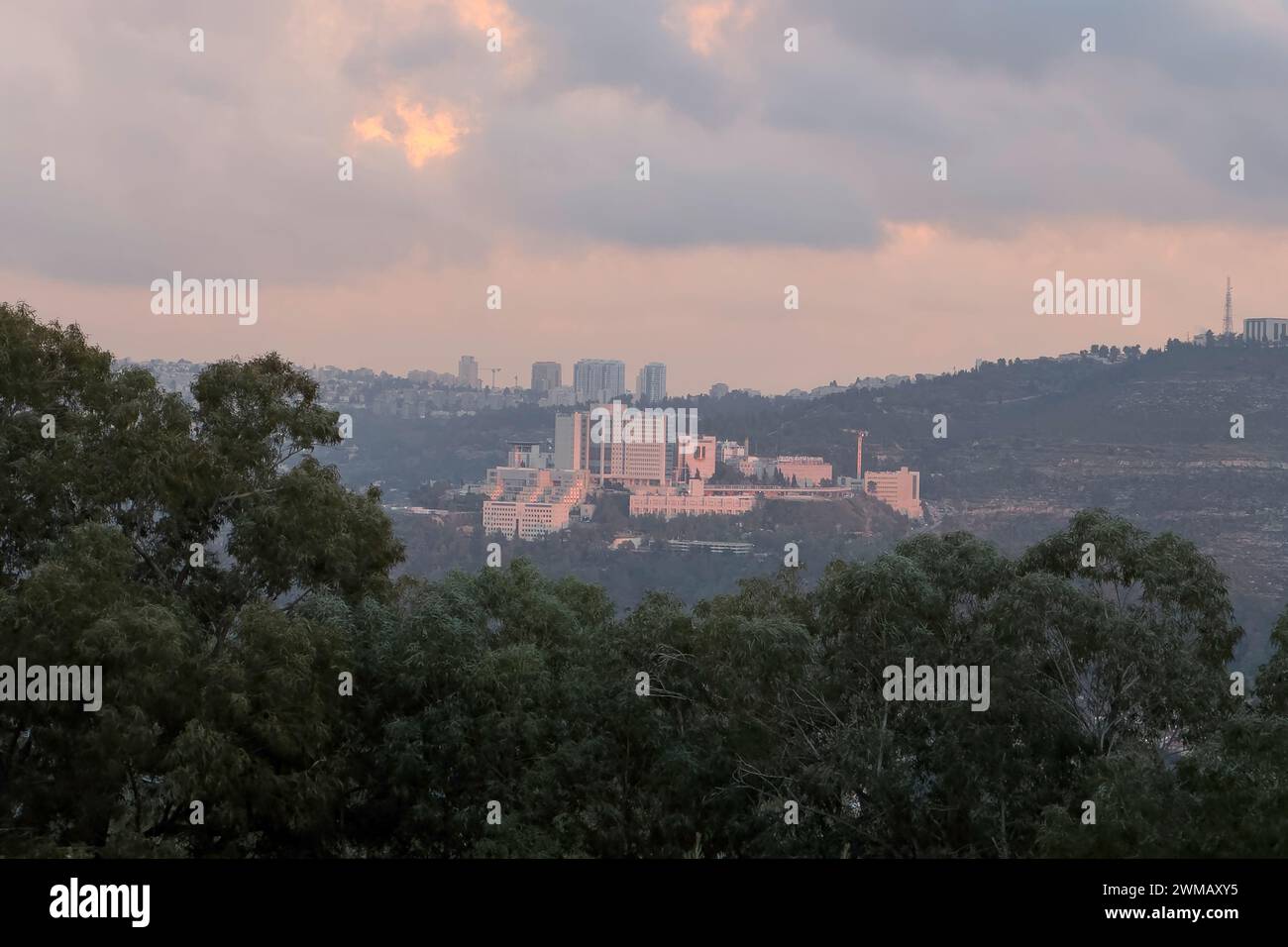 Distant view of Hadassah Medical Center that operates two university hospitals at Ein Kerem West Jerusalem Israel Stock Photo