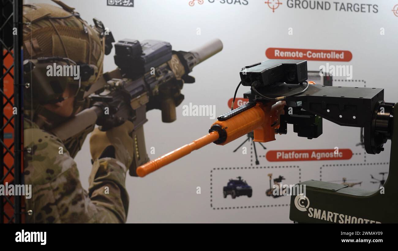 A Remote-Controlled Weapon Station on display at the booth of Smartshooter manufacturer of intelligent Fire Control Systems at the Dronetech event, showcasing an extensive array of innovative technologies in the field of Unmanned Aerial Vehicles. on February 22, 2024 in Tel Aviv, Israel. Stock Photo