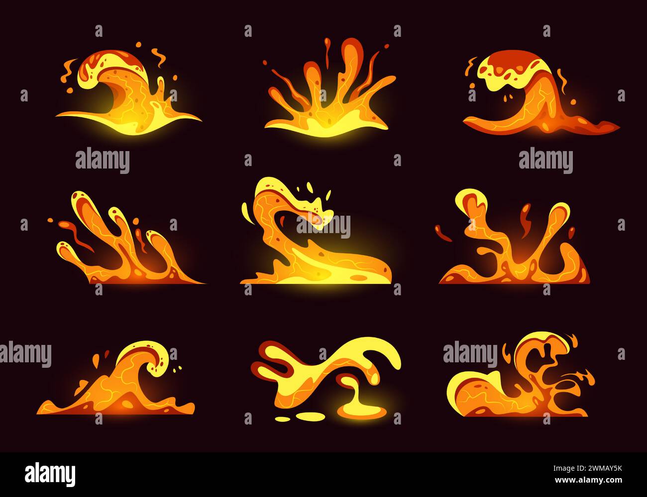 Lava splash game effect. Cartoon magma splash animation, bloody molten blob splash motion graphic for game asset. Vector hot lava in motion set Stock Vector