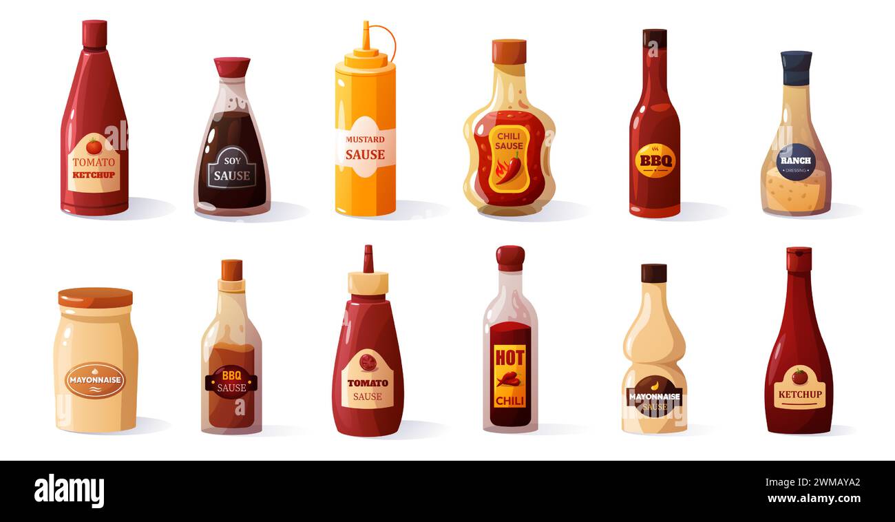 Cartoon sauces. Different ketchup mustard mayo soy sauce, sweet and