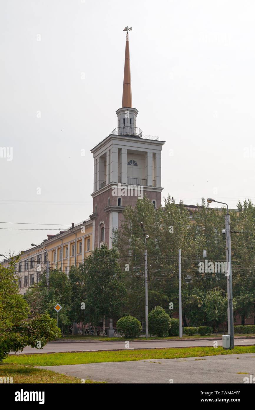 Krasnoyarsk, Russia - July 23 2018: Building with a turret at the corner of Karl Marx street and Robespierre street built between 1930 and 1940 by arc Stock Photo