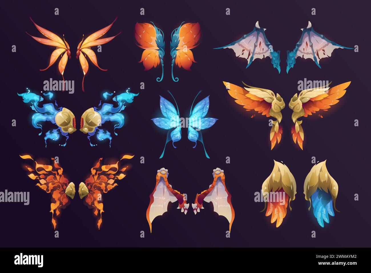 Fantasy wings. Cartoon pair of fairy bat and butterfly wings, magic angel and fairy tale creature elements for graphic design. Vector isolated set Stock Vector