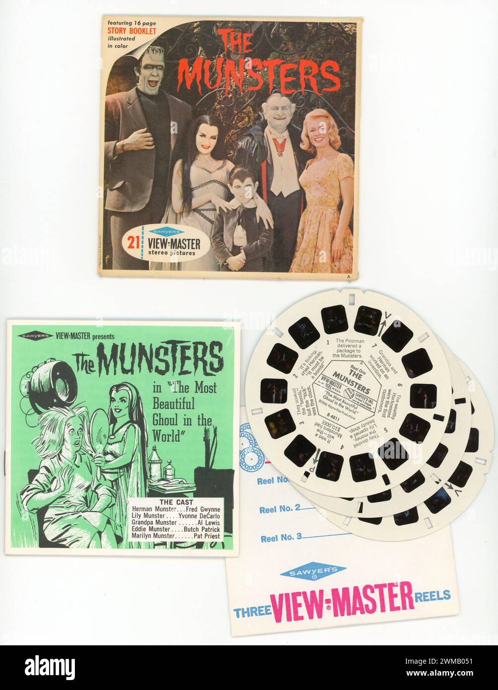 Sawyer's View-Master 21 stereo pictures for the 1966 episode The Most Beautiful Ghoul in the World from the US TV Series THE MUNSTERS with FRED GWYNNE as Herman Munster YVONNE DeCARLO as Lily BUTCH PATRICK as Eddie AL LEWIS as Grandpa and PAT PRIEST as Marilyn make-up artist Bud Westmore Kayro-Vue Productions /  CBS Television Stock Photo