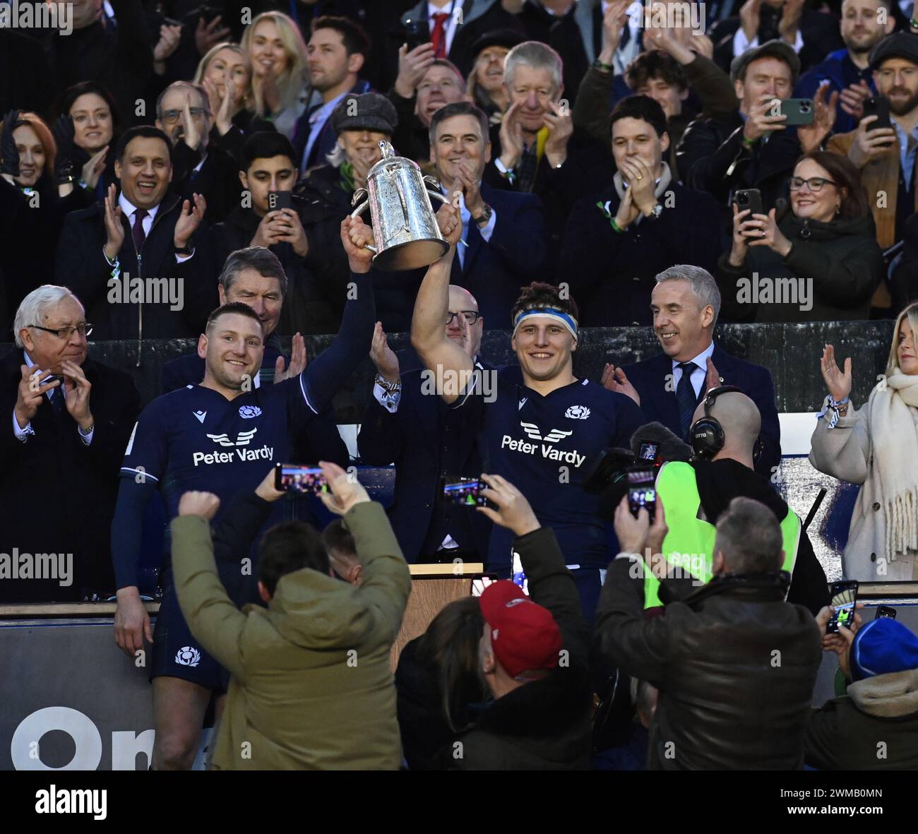 Scottish Gas Murrayfield Stadium. Edinburgh, UK. 24th Feb, 2024. UK.The Mens Guinness Six Nations match Scotland vs England Scotland's Co-Captains Finn Russell (L) and Rory Darge (R) lift the Calcutta Cup . Credit: eric mccowat/Alamy Live News Stock Photo