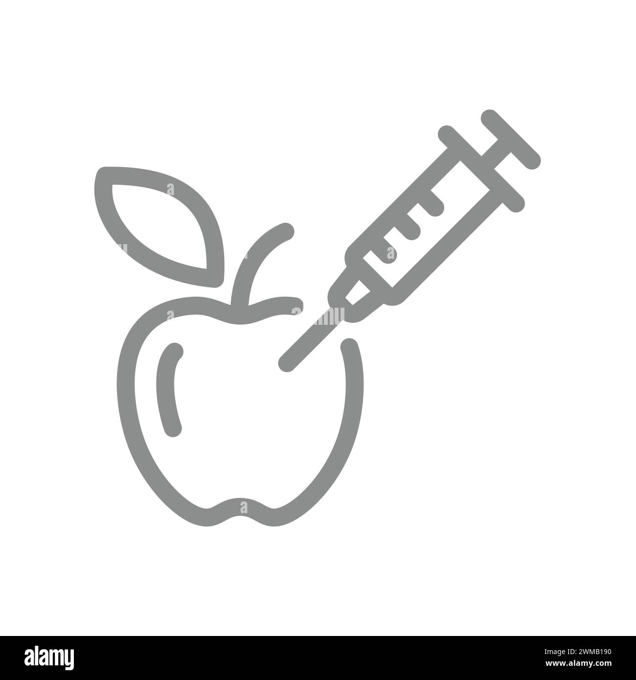 Apple and syringe injection vector icon. Gmo and preservatives symbol. Editable stroke. Stock Vector