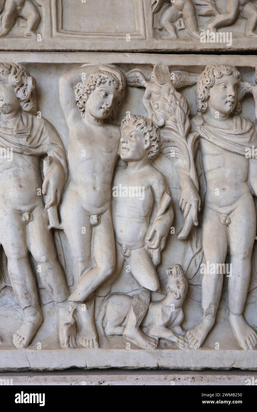 Sarcophagus. Dionysus and the Seasons. Marble. 4th century AD. Detail of dunken Dionuysus help up by a satyr. Unknown provenance. National Roman Museu Stock Photo