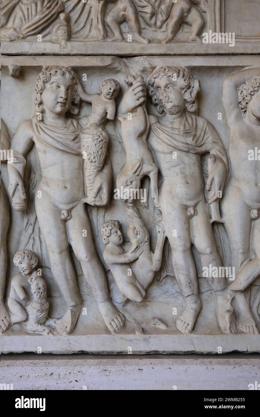 Sarcophagus. Drunken Dionysus held up by a Satyr and the Seasons. Marble. 4th century AD. Detail of farmers. Unknown provenance. National Roman Museum Stock Photo