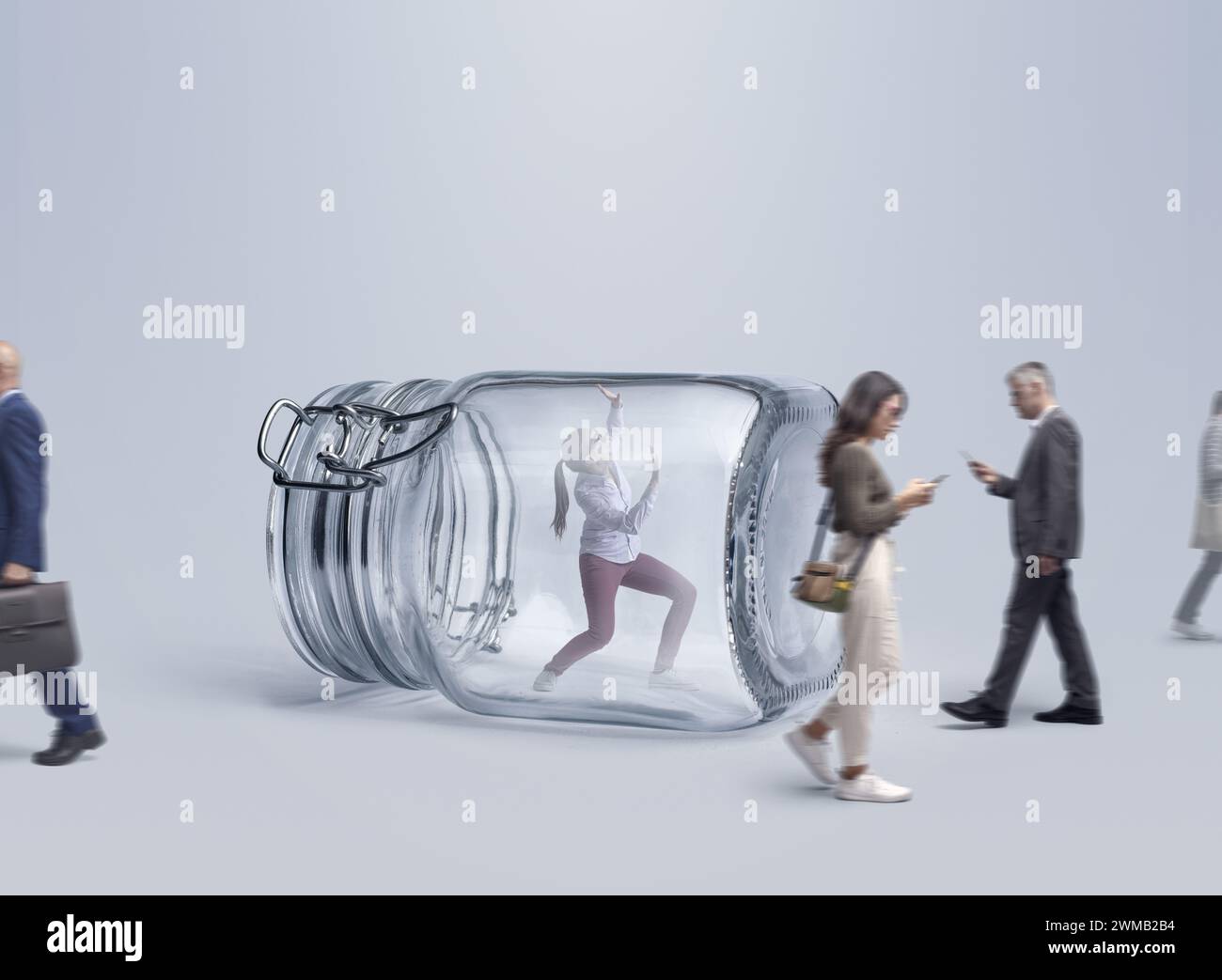 Trying To Find People walking and ignoring a desperate woman trapped inside a jar, she ...