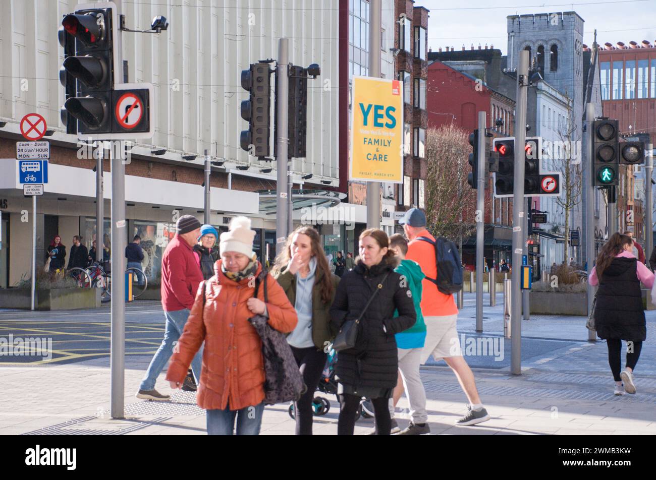 Limerick city, Ireland. Ahead of Family and Care Referendums posters in Limerick city centre calling for two Yes votes in the upcoming referendums on Family and Care on March 8th. Credit: Karlis Dzjamko/Alamy Live News Stock Photo