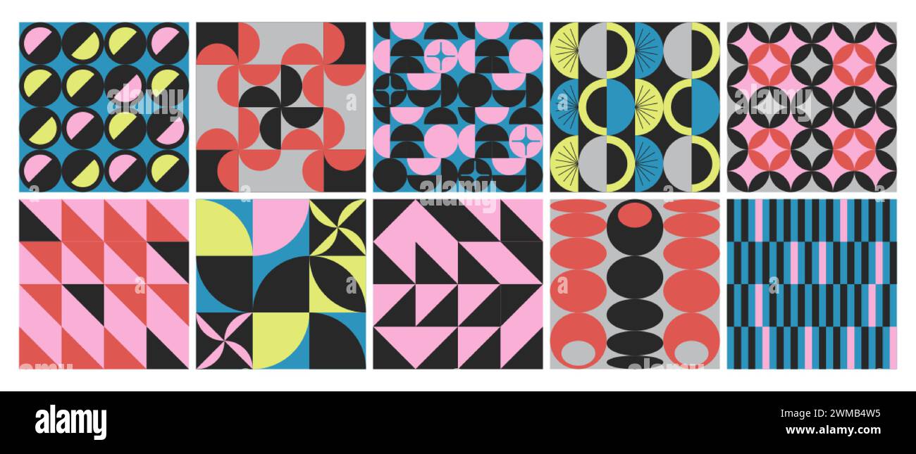 Minimalist geometric poster set with simple minimal vector pattern. Abstract shapes backgrounds in modern brutalist style. Trendy bauhaus patterns with retro elements, contemporary figures, bold forms Stock Vector