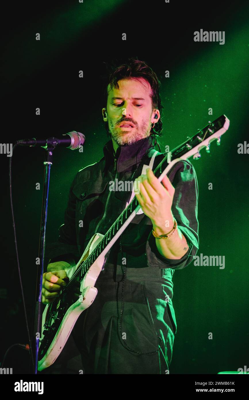 Bern, Switzerland. 23rd, February 2024. The Swiss band Bonaparte performs a live concert at Bierhübeli in Bern. Here singer and musician Tobias Jundt is seen live on stage. (Photo credit: Gonzales Photo - Tilman Jentzsch). Stock Photo