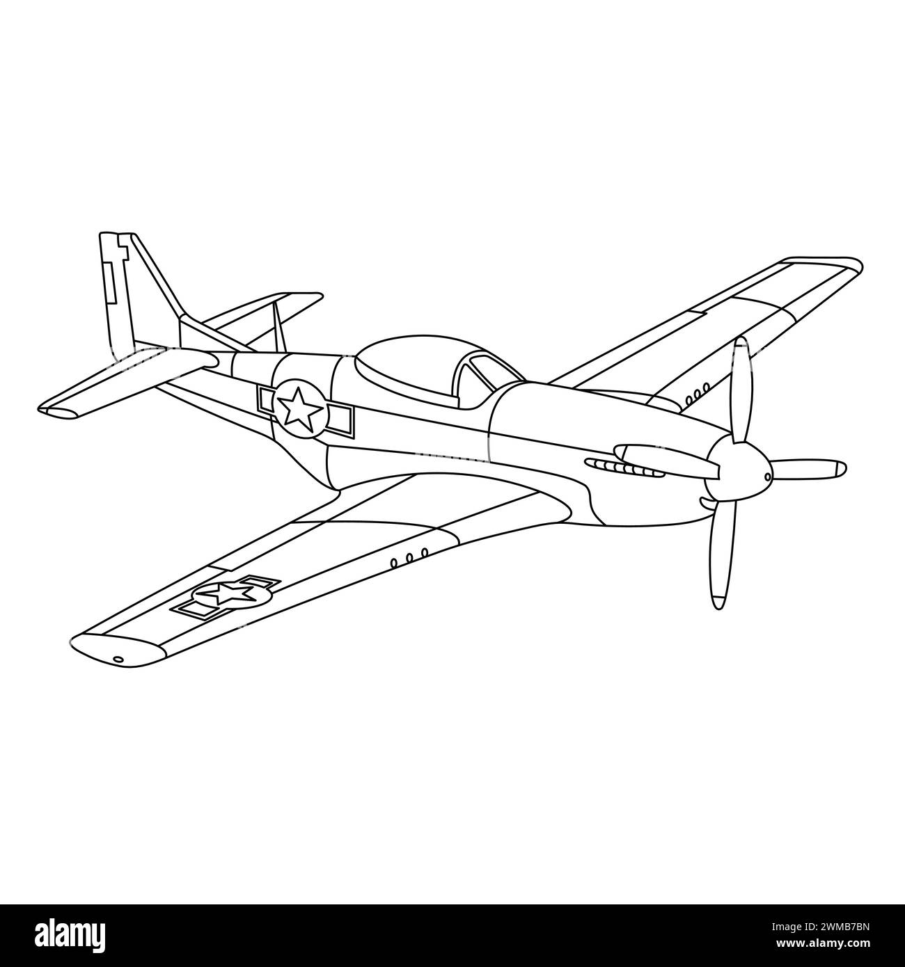 P-51 Mustang Aircraft War World II Fighter Coloring Page. Vintage War Plane. Cartoon Airplane. Military Fighter-Bomber Vector Illustration Stock Vector