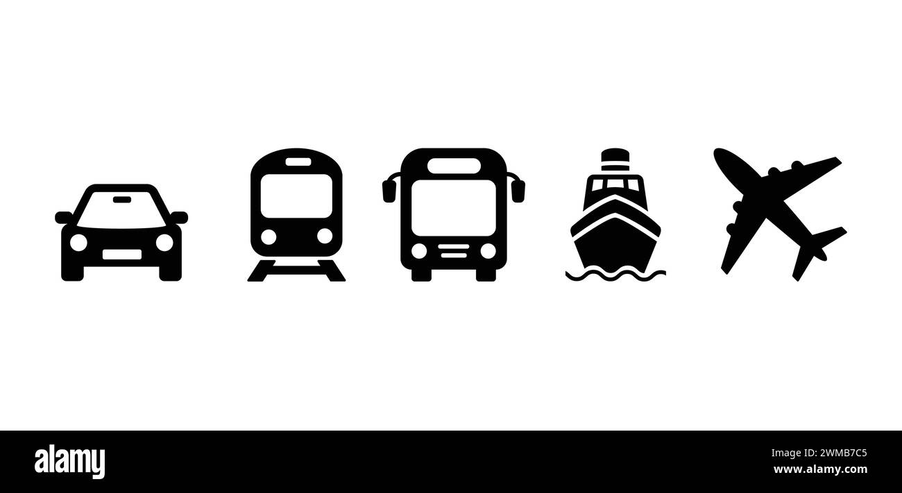 Transportation Icon Set On White Background. Air, Auto, Railway Transport Icons For Apps And Websites. Car, Bus, Train, Metro, Plane, Airplane, Ship Stock Vector
