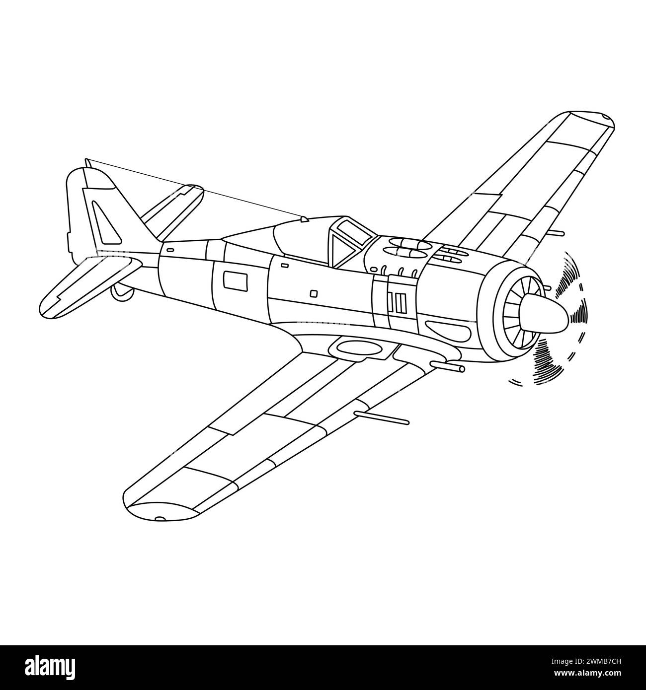 Focke-Wulf Fw 190 Aircraft War World II Fighter Coloring Page. Vintage War Plane. Military Airplane Vector Illustration. German Fighter Plane 1941 Stock Vector