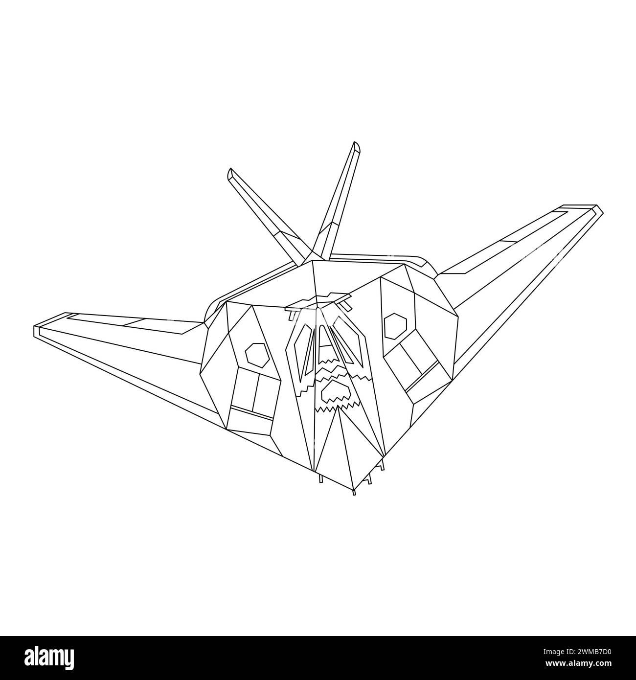 Aircraft F-117 Nighthawk Outline Illustration. Fighter Jet F117 Coloring Book For Children And Adults. Military Aircraft Vector. Cartoon Airplane Stock Vector