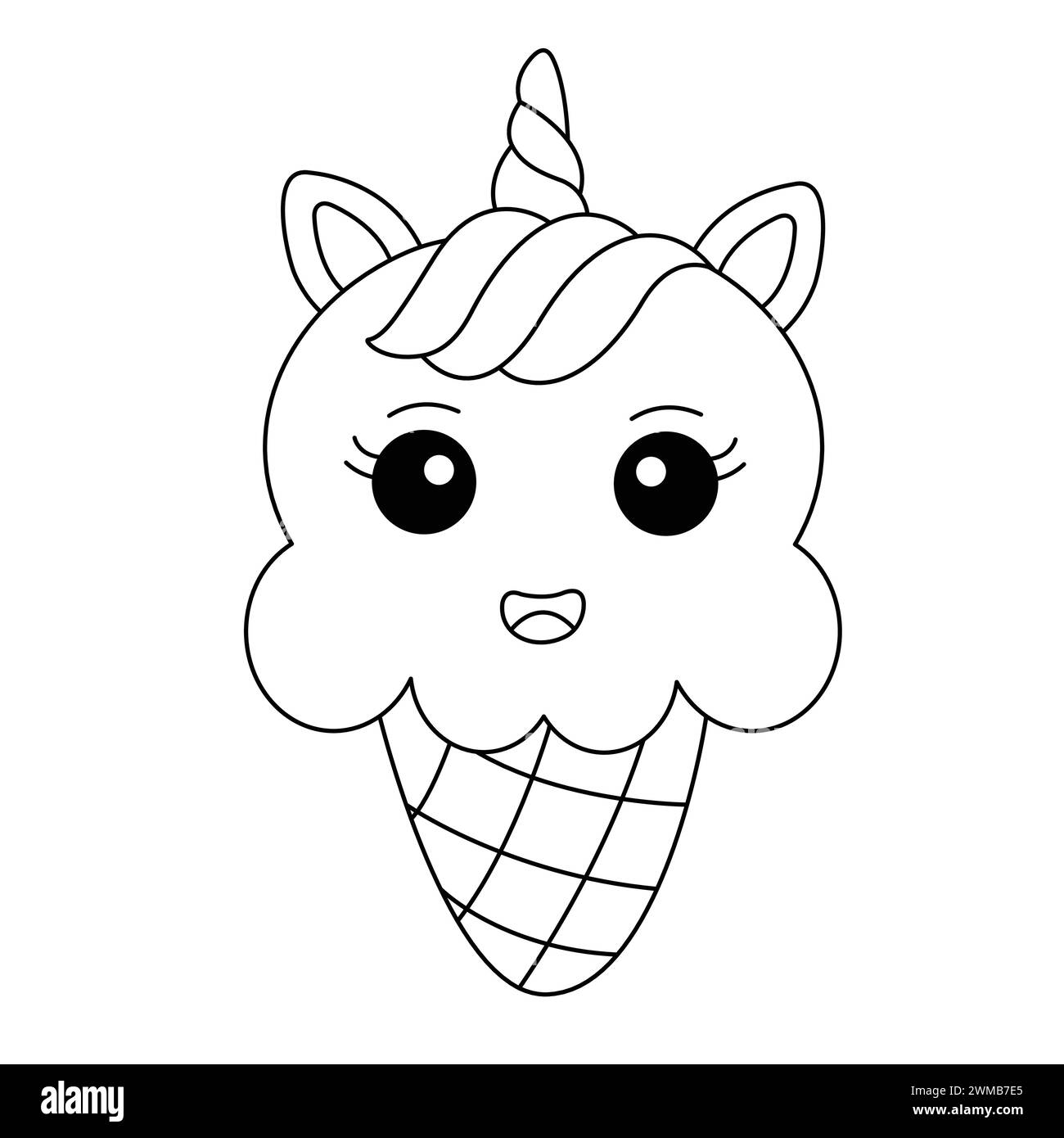 Cute Unicorn Ice Cream Coloring Page. Little Unicorn In A Waffle Cone Cartoon. Vector illustration Stock Vector