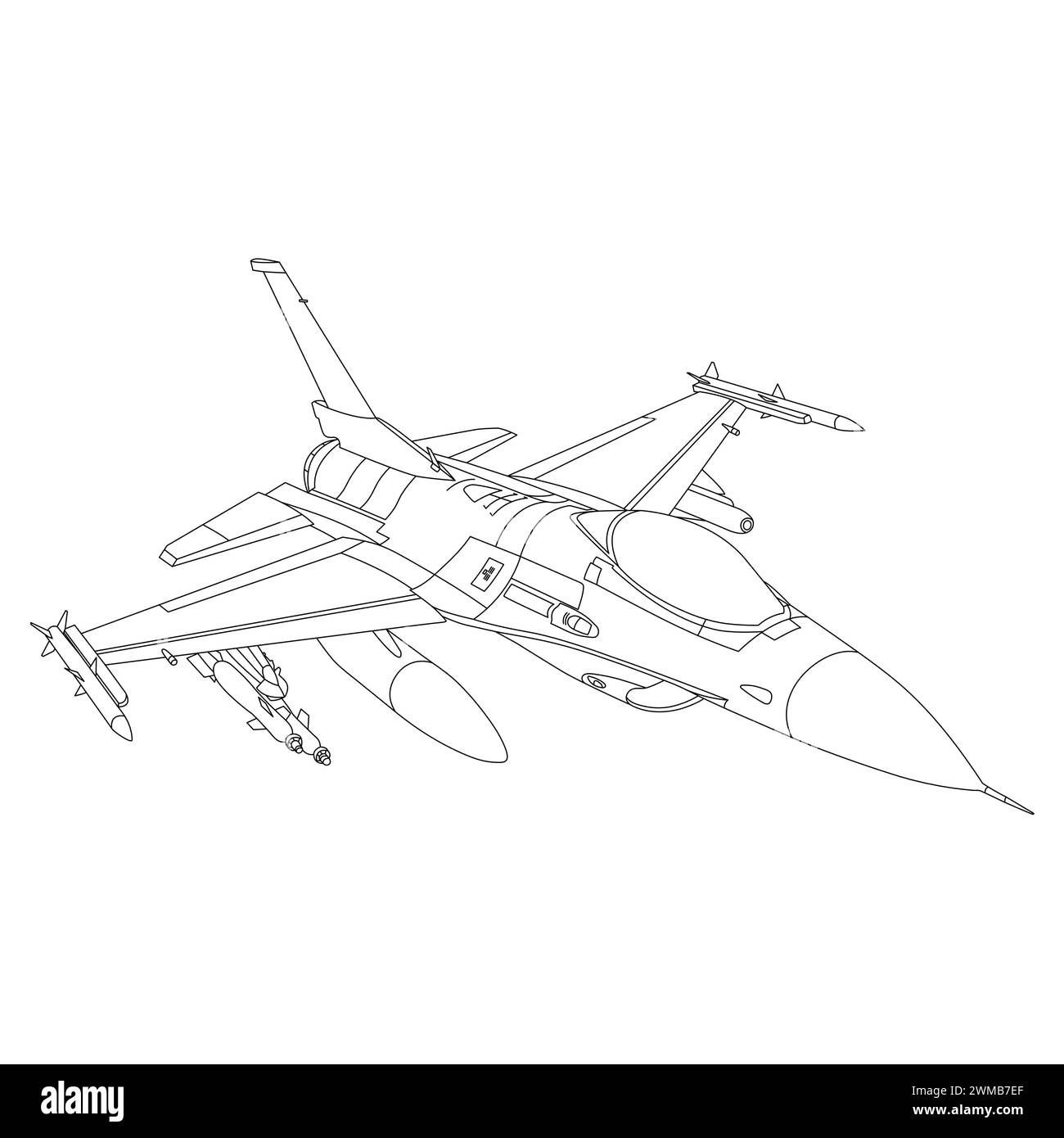 F-16 Fighting Falcon Outline Illustration. Fighter Jet F16 Coloring Book For Children And Adults. Military Aircraft Vector. Cartoon Airplane Isolated Stock Vector