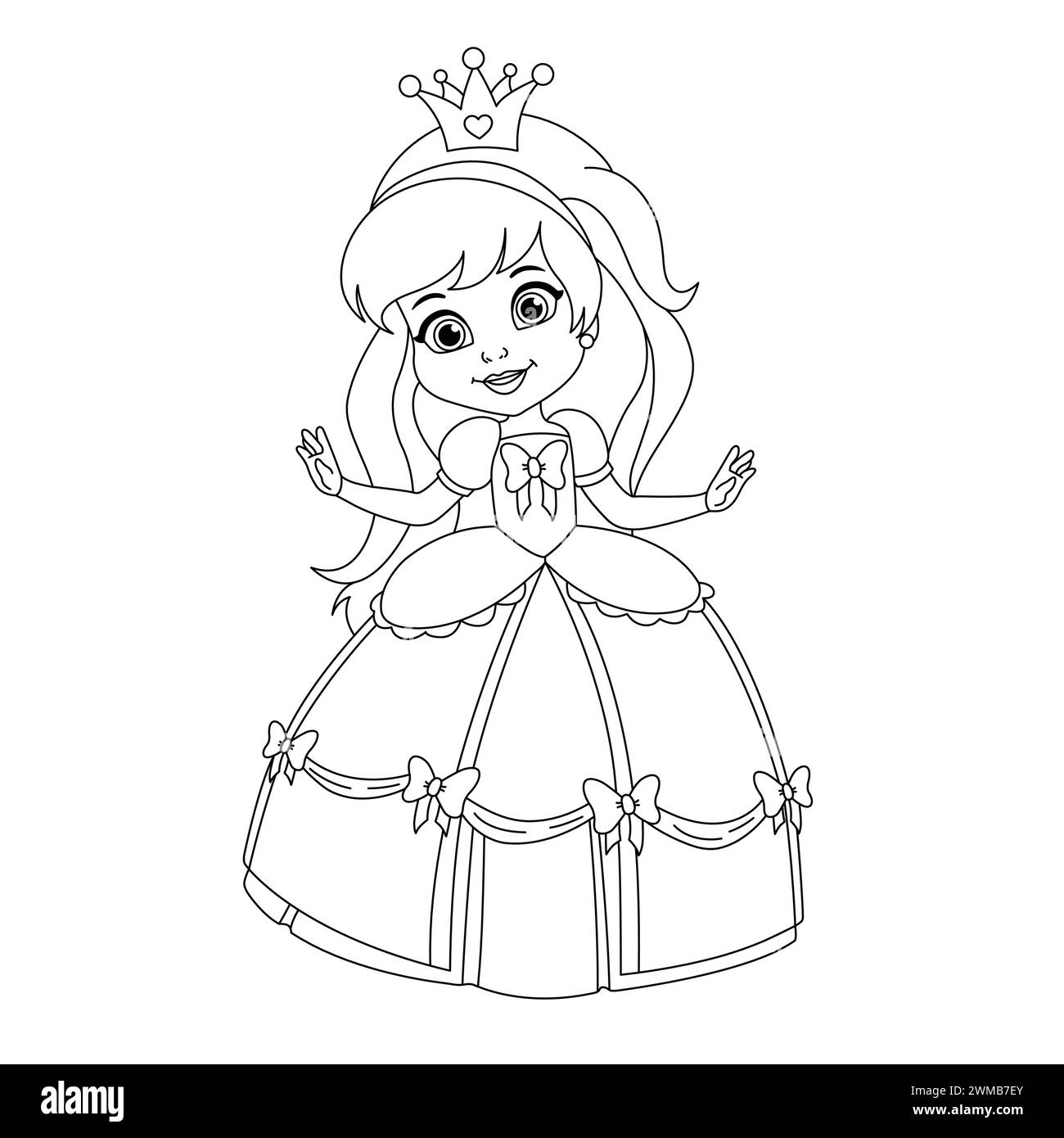 Beautiful Princess Coloring Page. Magical And Cute Coloring Book For Children. Outlined Illustration Of A Little Princess. Pretty Cartoon Princess Stock Vector