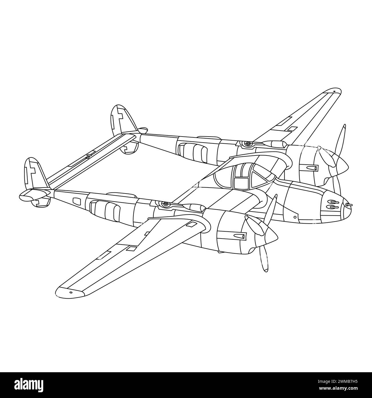 Lockheed P-38 Lightning Aircraft War World II Fighter Coloring Page. Military Airplane Vector Illustration. Vintage War Plane. Cartoon Airplane Stock Vector