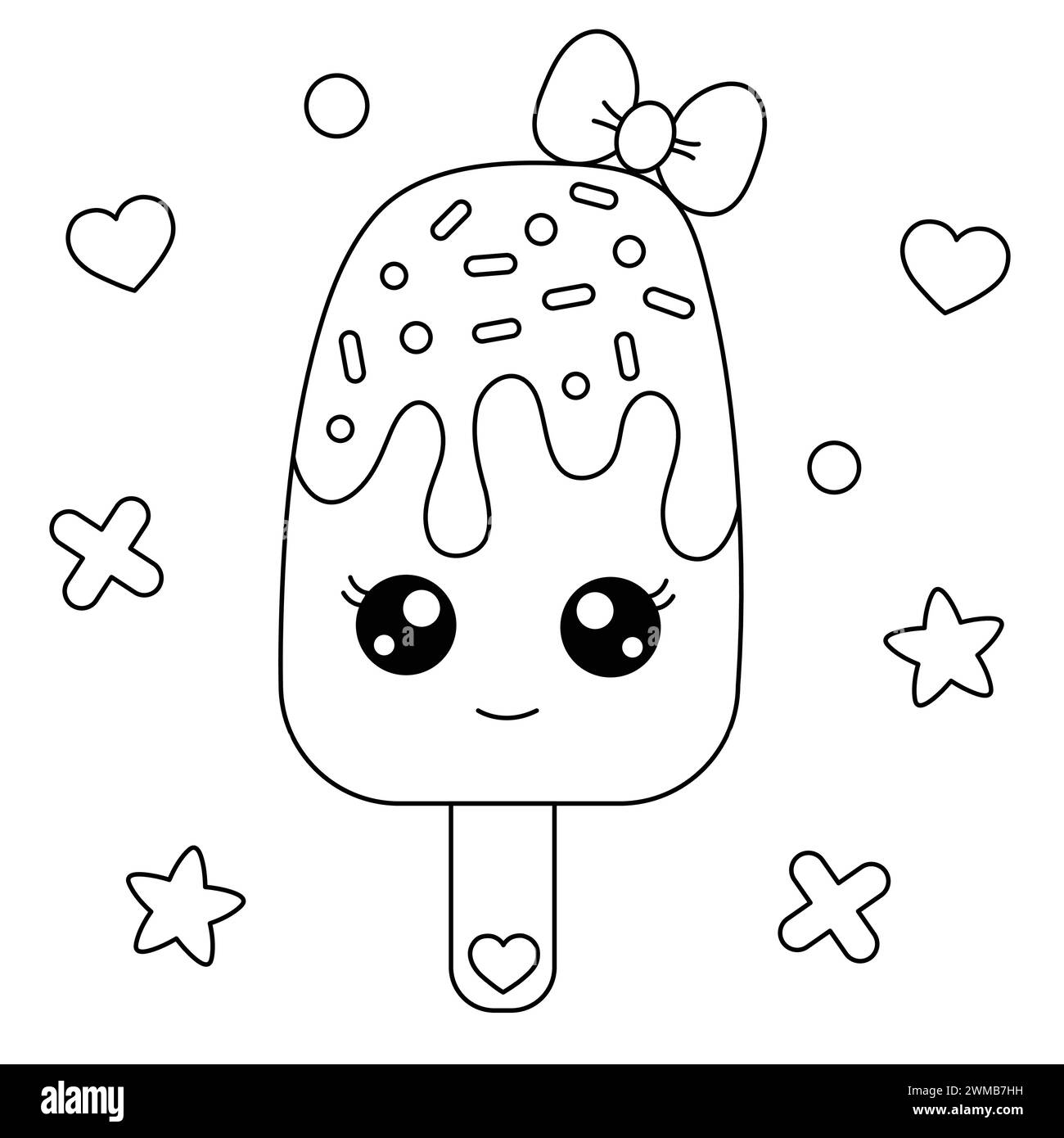 Sweet Ice Cream Coloring Page. Kawaii Ice-Cream Vector Illustration. Cartoon Popsicle. Black And White Outline Illustration Isolated On A White Backgr Stock Vector