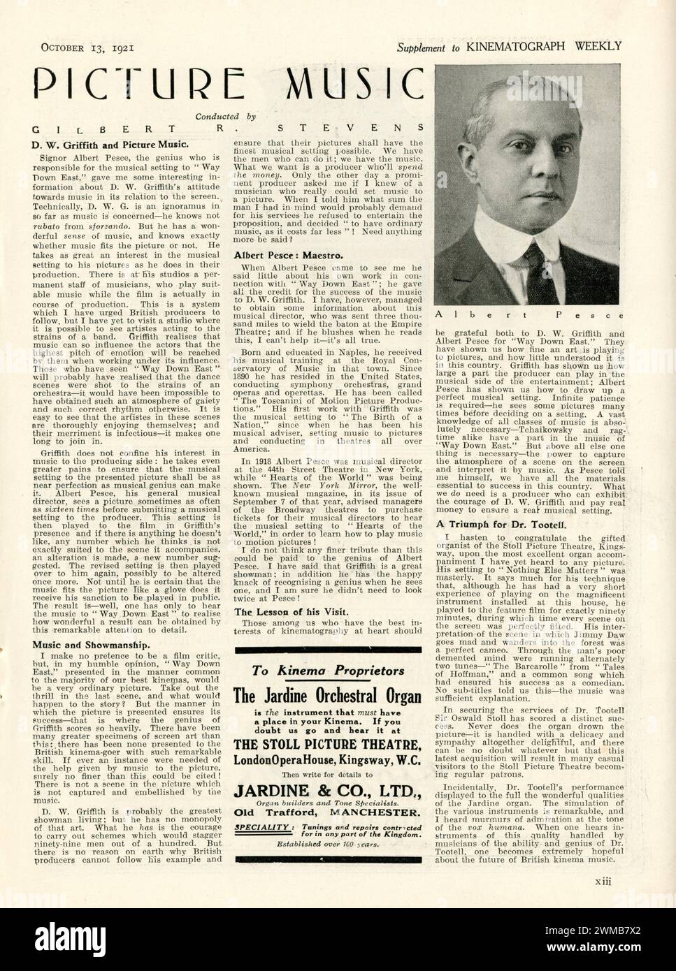 Article from 1921 about  ALBERT PESCE (1868 - 1923) Music Arranger / Director for live orchestral accompaniment at movie theatres all over America of films of D.W.GRIFFITH beginning with Birth of a Nation and later including Hearts of the World, Way Down East, One Exciting Night, The White Rose and The Love Flower Stock Photo