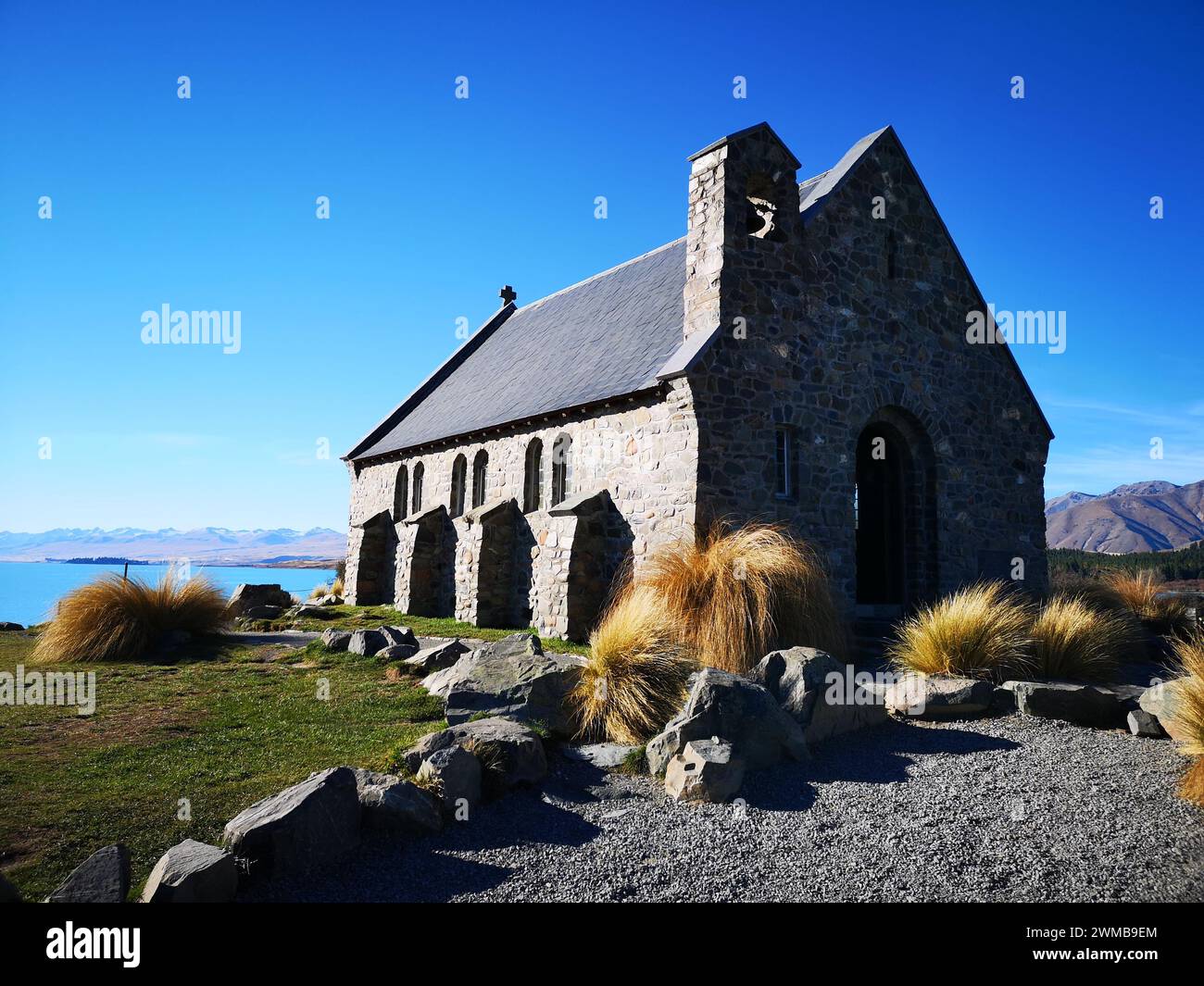 The Church of the Good Shepherd, Lake Tekapo, New Zealand. The most photographed church in the world. Stock Photo