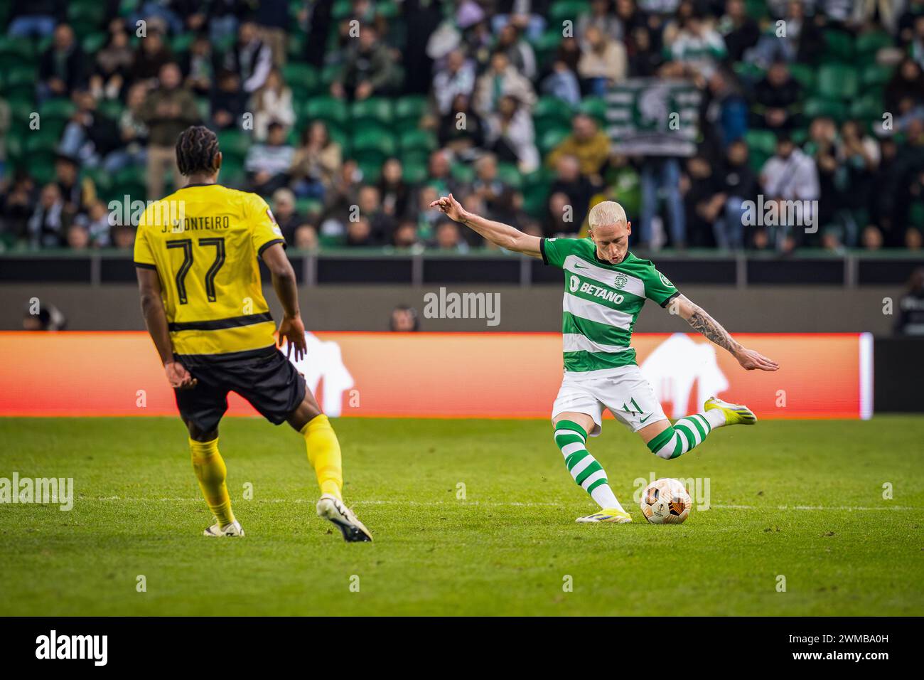 Lisbon, Portugal. 22nd Feb, 2024. Nuno Santos of Sporting CP (R) and Joel Monteiro of BSC Young Boys (L) seen in action during the UEFA Europa League 2023/24 knockout round play-offs second leg match between Sporting CP and BSC Young Boys at Estadio Jose Alvalade. (Final score: Sporting CP 1 - 1 BSC Young Boys). (Photo by Henrique Casinhas/SOPA Images/Sipa USA) Credit: Sipa USA/Alamy Live News Stock Photo