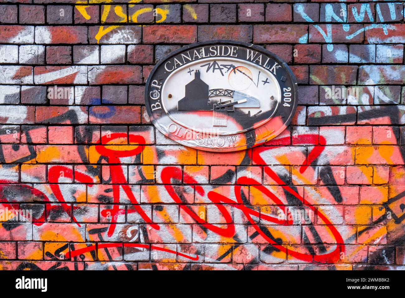 Graffiti and spray can paint artwork along the Fazeley canal in the