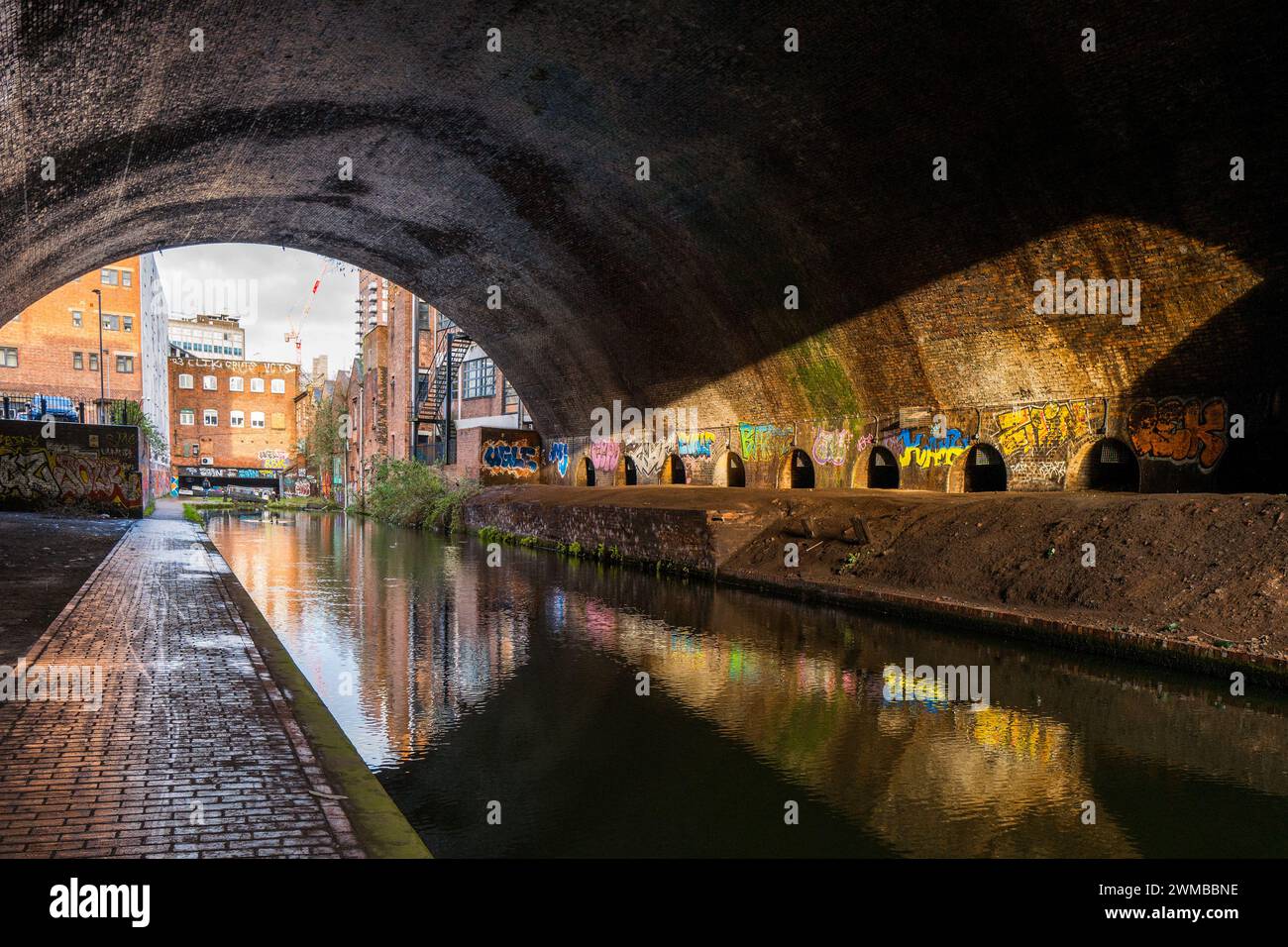 Graffiti and spray can paint artwork along the Fazeley canal in the