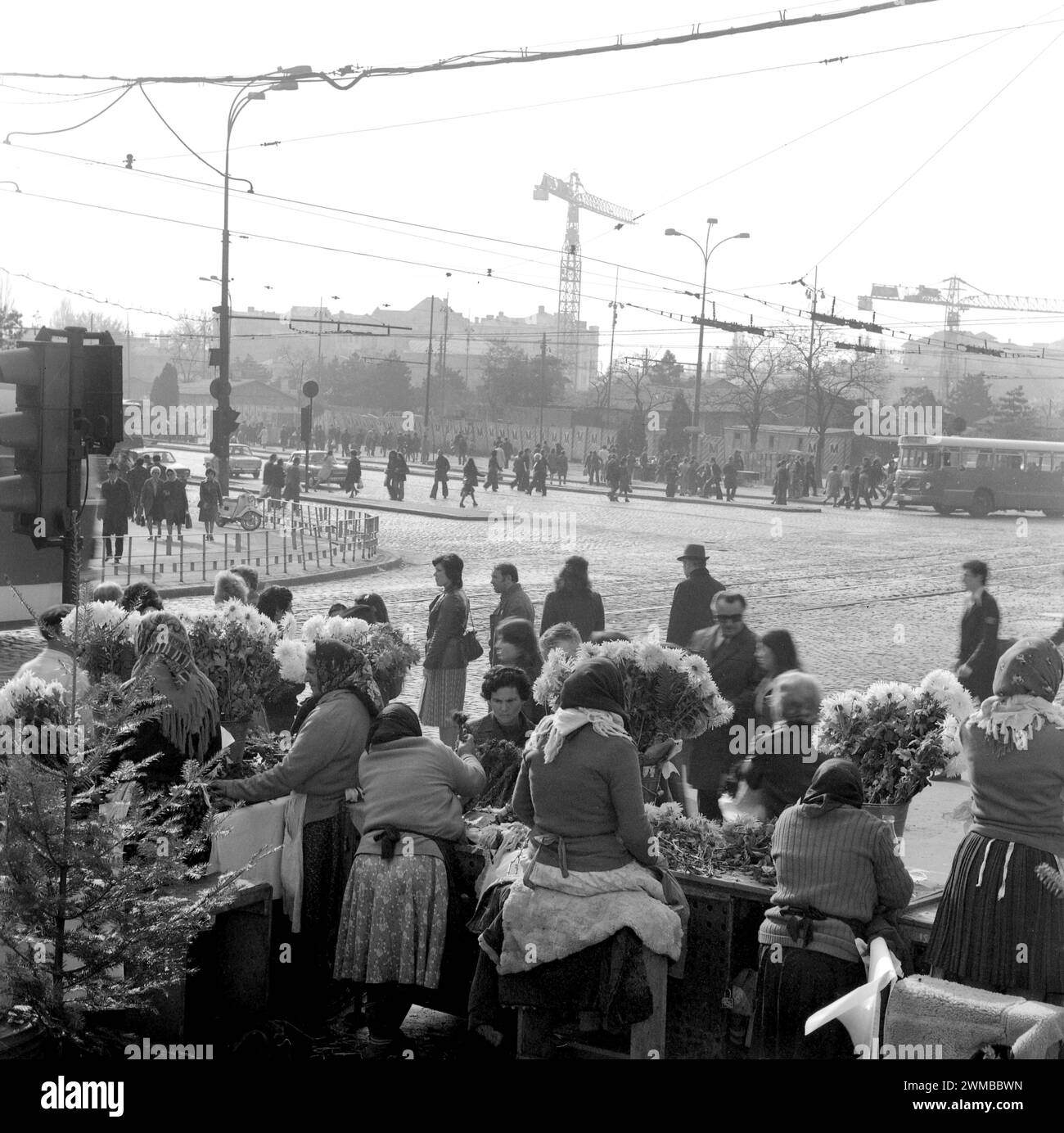 Bucharest, Romania, approx. 1977. Gypsy women selling flowers on the sidewalk at Unirii Square. Stock Photo