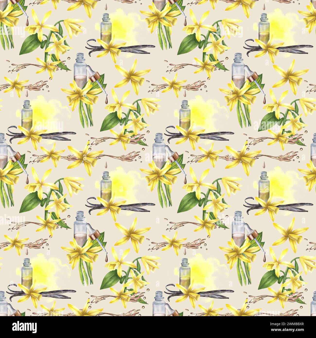 Seamless pattern of vanilla flowers, stics, oil bottle and watercolor ...