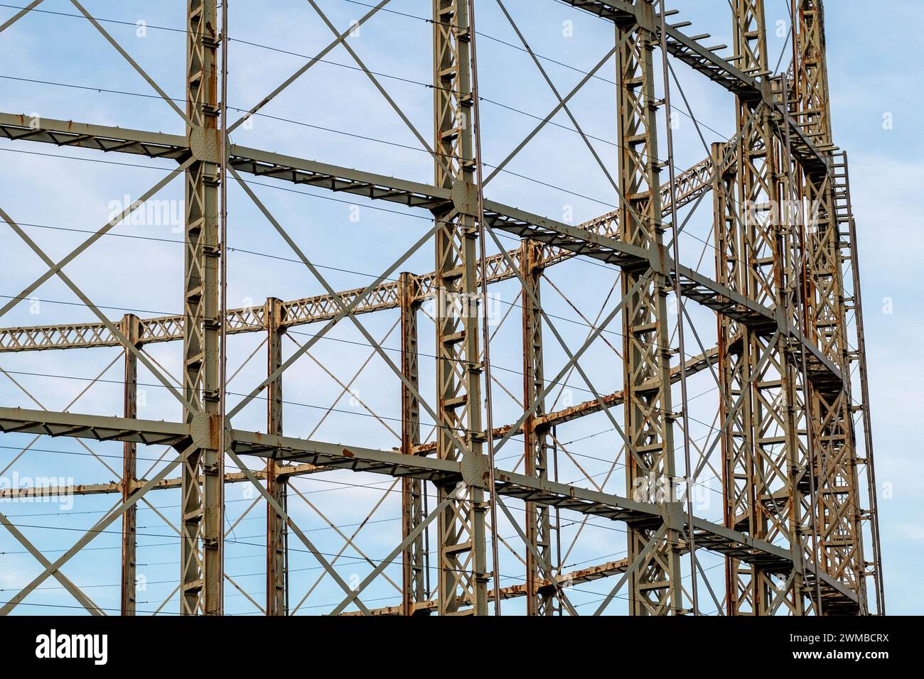 Iconic gas holder by the Etihad Stadium in Manchester, currently being demolished. England 2023. Stock Photo
