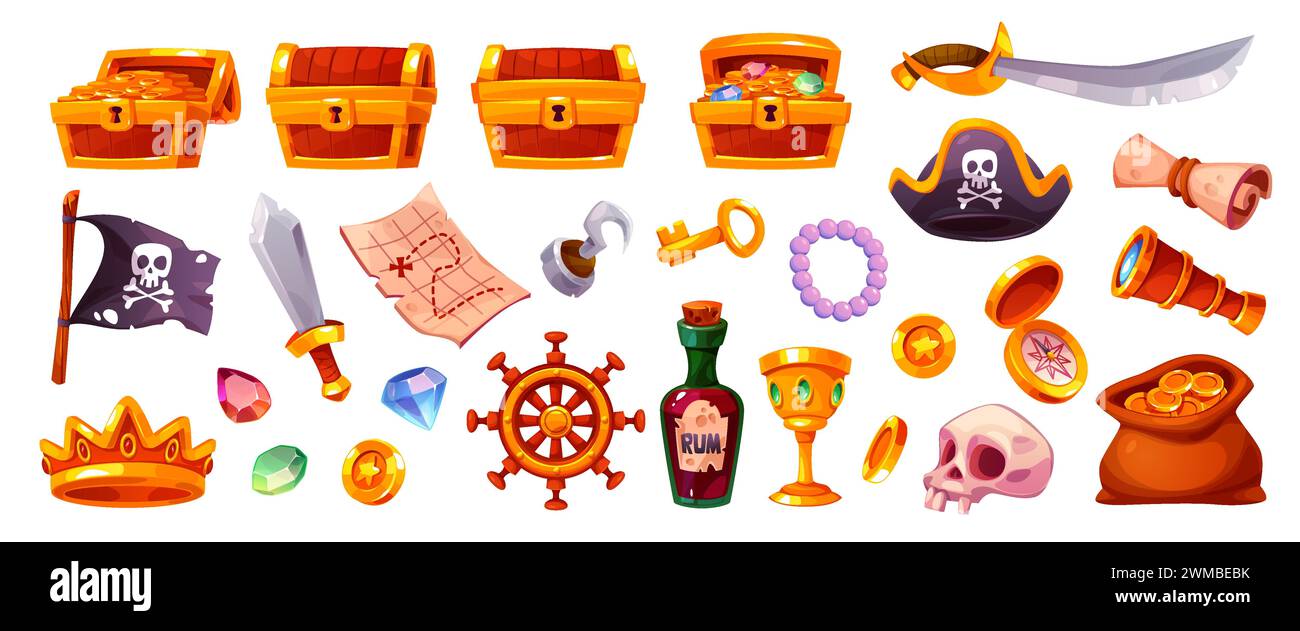 Pirate trophy. Cartoon robbers treasures, gems and gold coins, open and closed wooden chests, crown, skull and black flag. Map, sward and bottle Stock Vector
