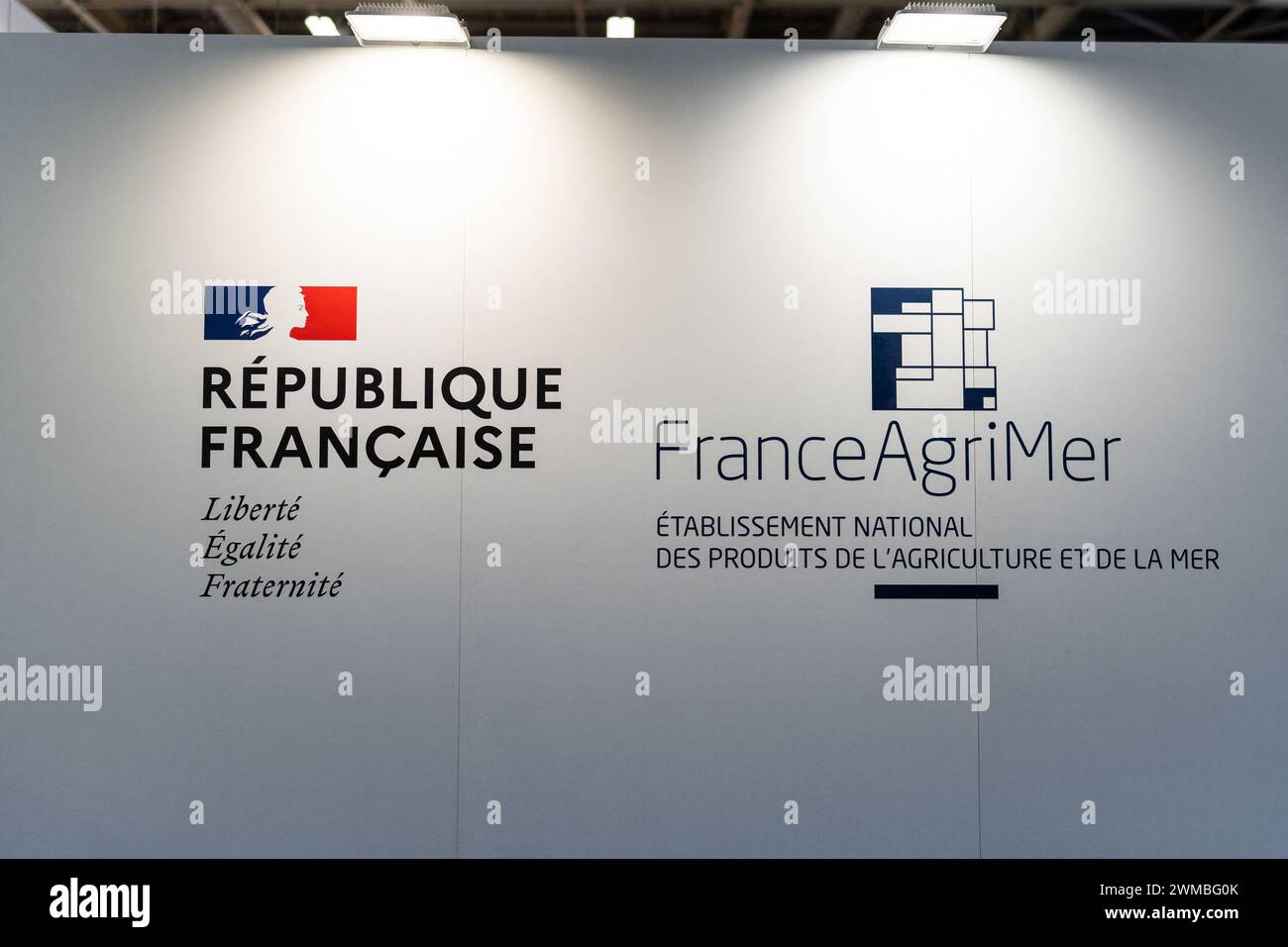 Paris, France. 24th Feb, 2024. The logo of the French Republic and France Agri Mer (FranceAgriMer), national establishment for agricultural and seafood products at the opening day of the 60th International Agriculture Fair (SIA - Salon de l'Agriculture), at the Porte de Versailles exhibition centre in Paris, on February 24, 2024. Photo by Alexis Jumeau/ABACAPRESS.COM Credit: Abaca Press/Alamy Live News Stock Photo