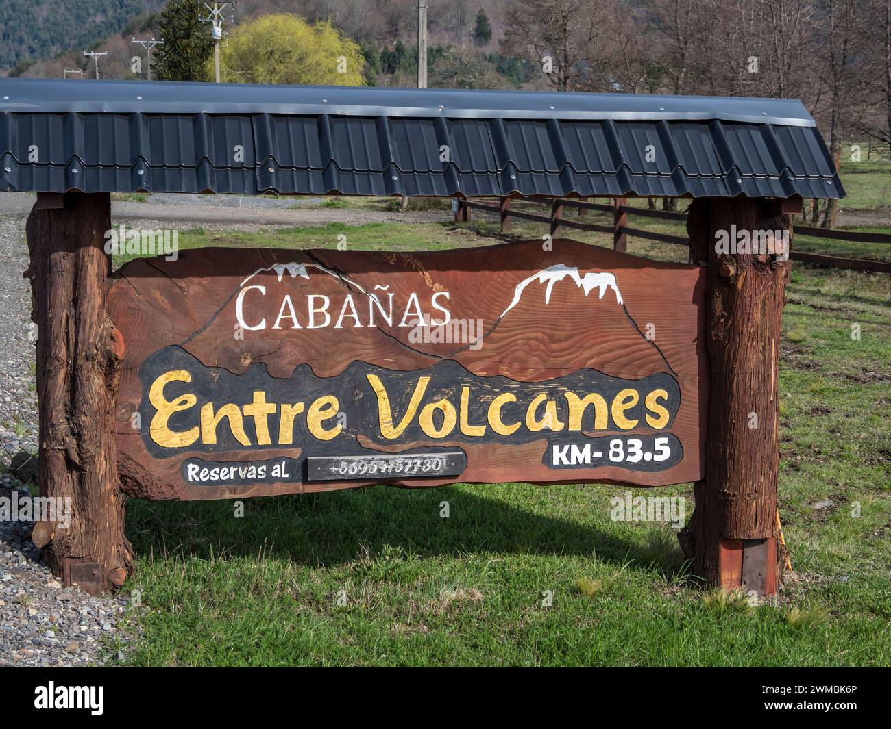 Information sign, holiday hut, cabanas entre volcanes, located east of Curacautin, between volcanos Tolhuaco and Llaime, La Araucania, Chile Stock Photo
