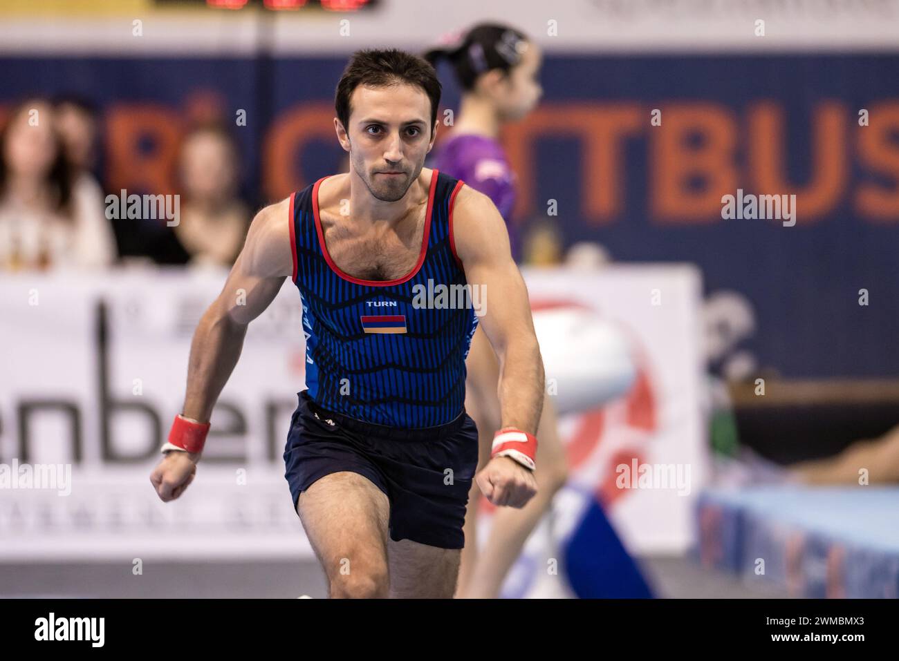 Cottbus, Germany. 25th Feb, 2024. Gymnastics: Olympic qualification/World Cup, men: vault, final; in the Lausitz Arena. Artur Davtyan from Armenia in action. Credit: Frank Hammerschmidt/dpa/Alamy Live News Stock Photo