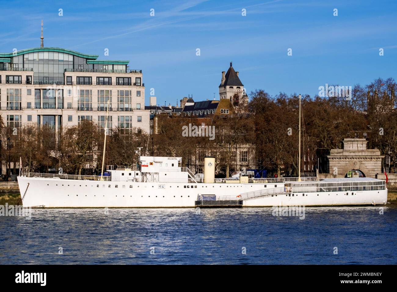 HQS Wellington, permanently moored former Royal Navy Sloop, now former hall of the Master Mariners and made famous by Amateur Photographer Stock Photo