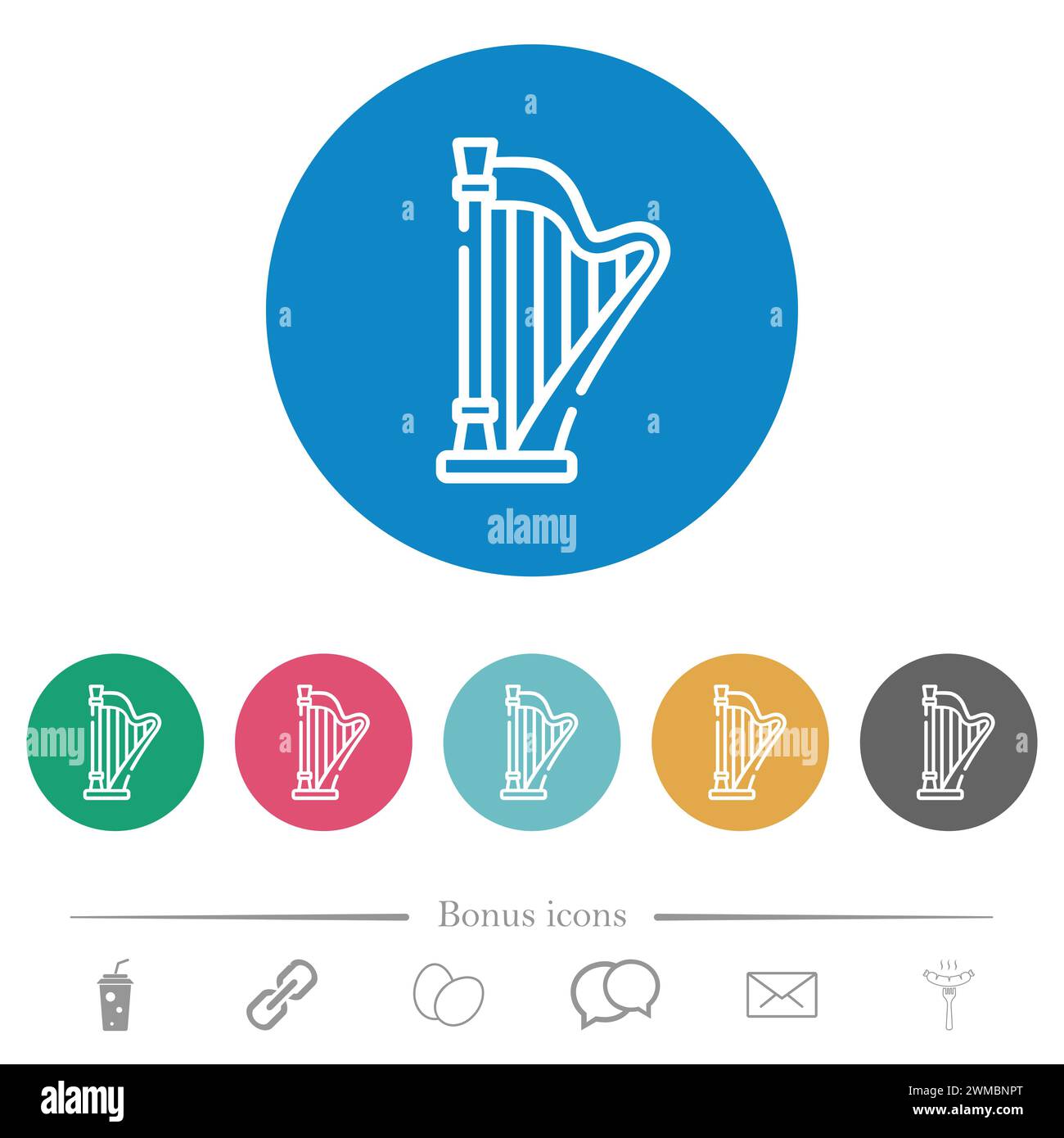 Harp outline flat white icons on round color backgrounds. 6 bonus icons ...
